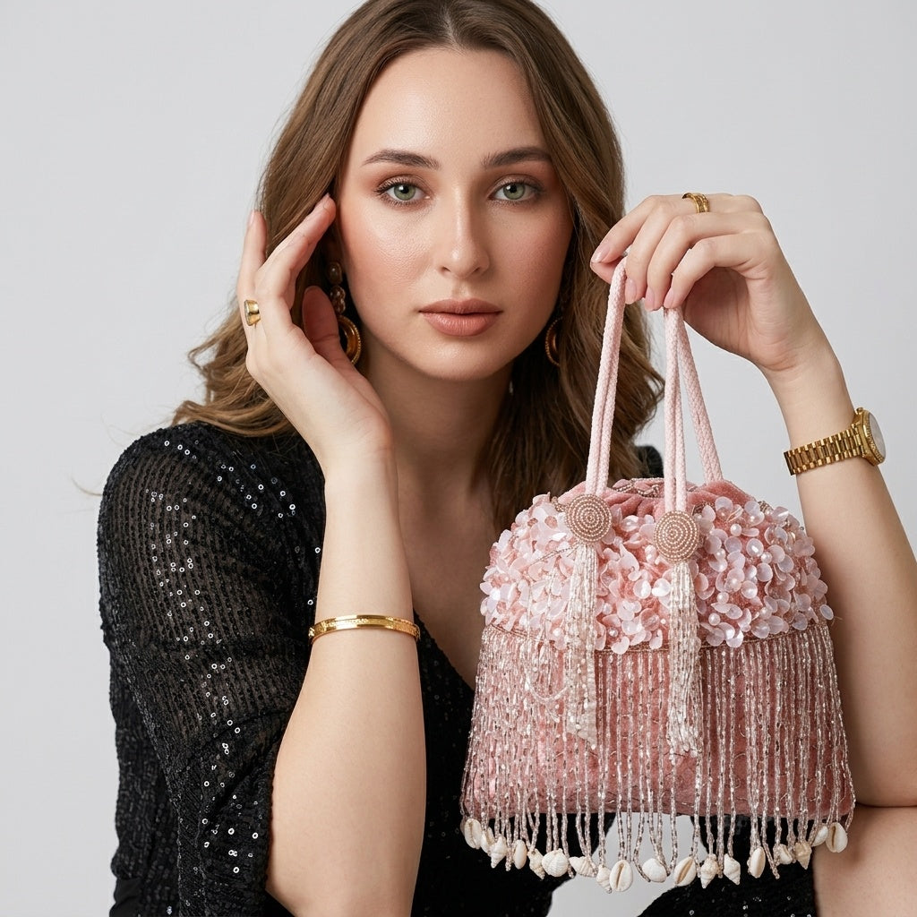 Nysa Peach — Velvet Potli Bag - Front View | SWIS-1393