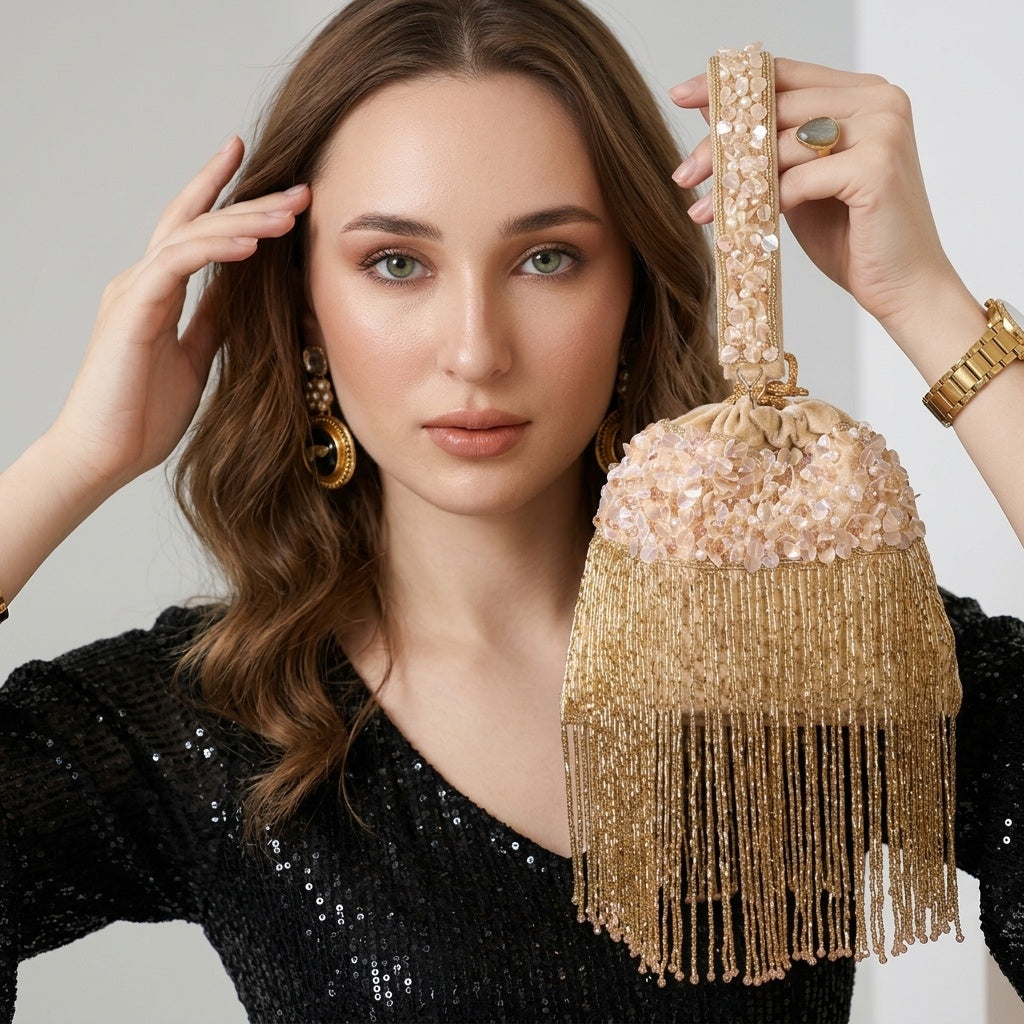 Zohra Golden — Velvet Potli Bag - Front View | SWIS-1421
