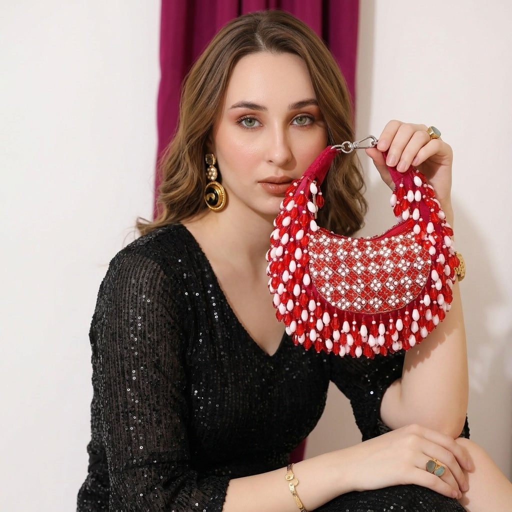 Neelofar Red — Suede Half Moon Bag - Front View | SWIS-1441