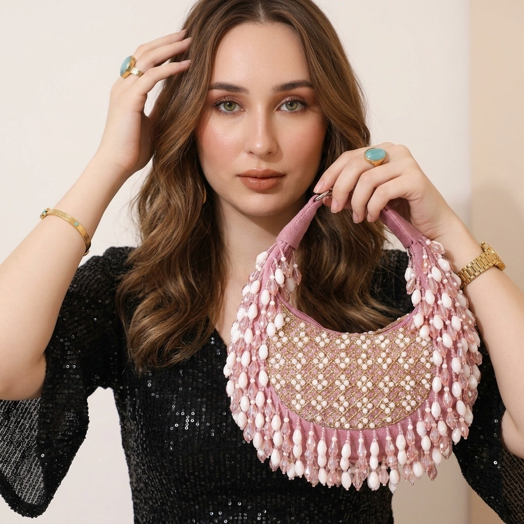 Vasudha Mauve — Suede Half Moon Bag - Front View | SWIS-1443