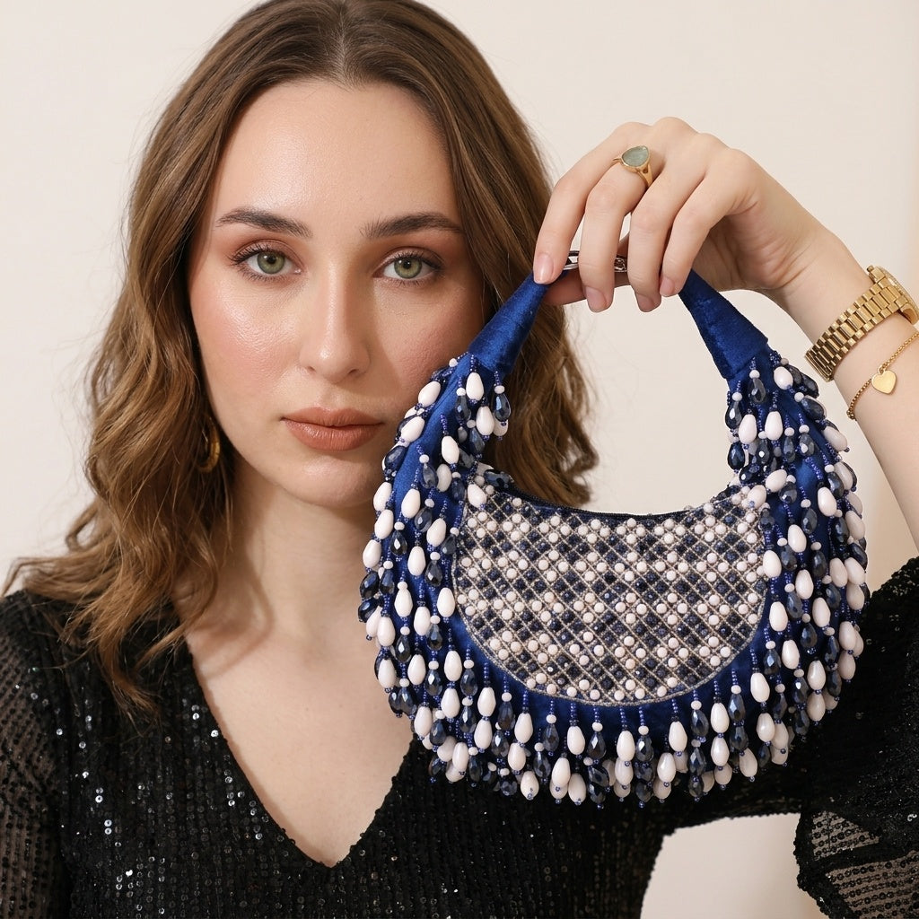 Shazia Blue — Suede Half Moon Bag - Front View | SWIS-1445
