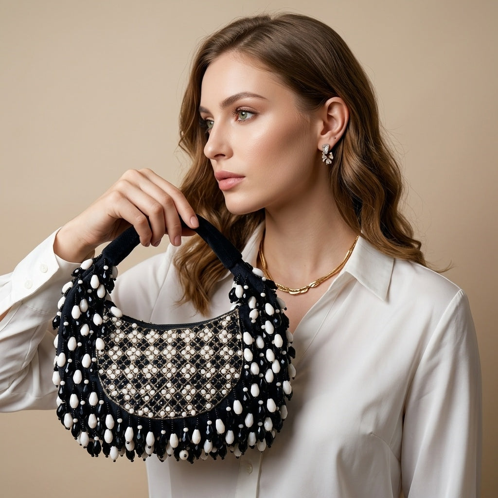 Navya Black — Suede Half Moon Bag - Front View | SWIS-1446