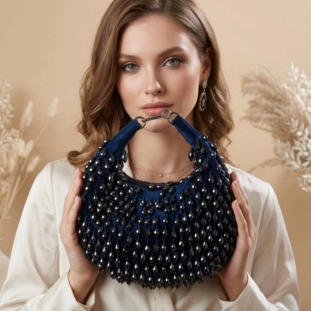 Dilnaz Blue — Suede Half Moon Bag - Front View | SWIS-1451