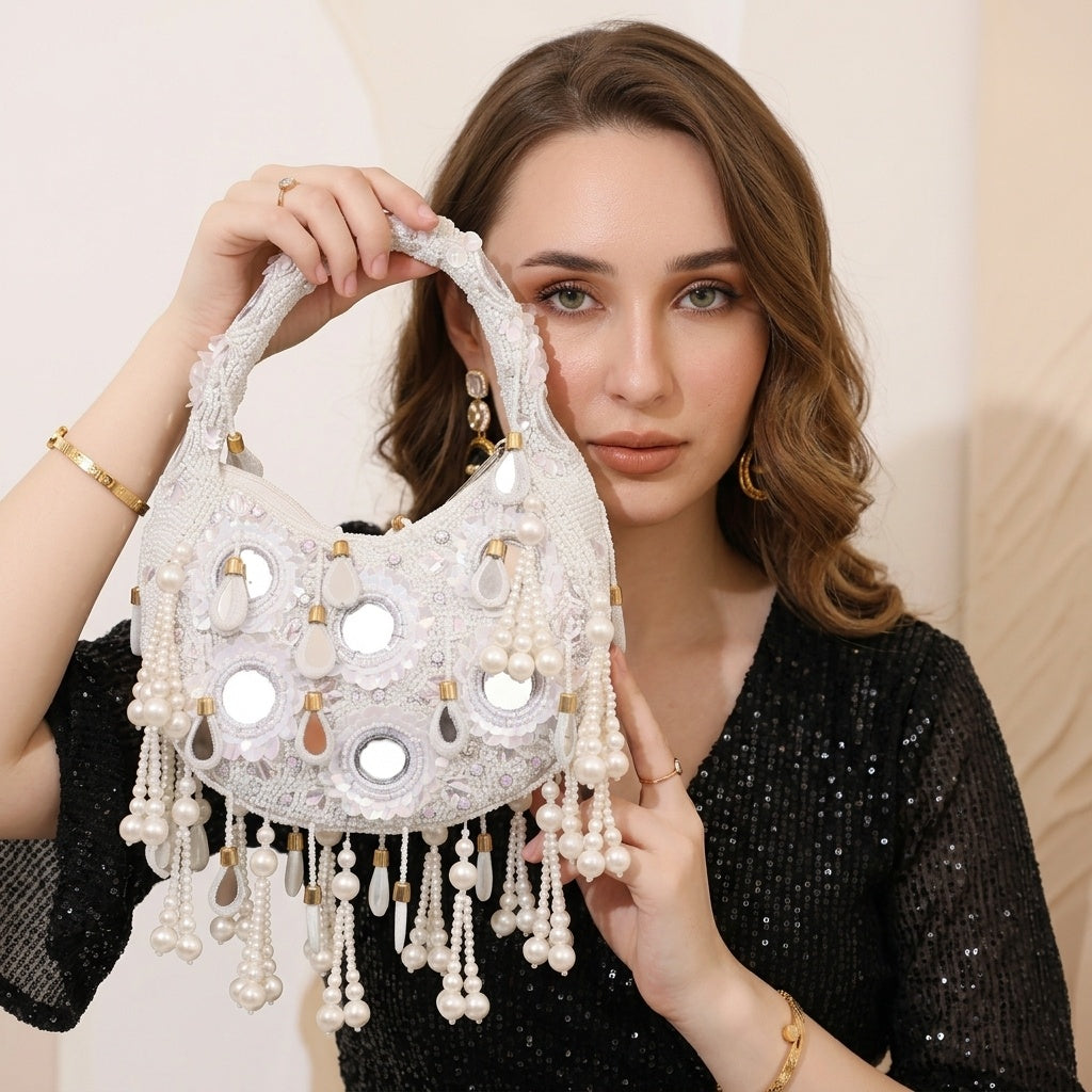 Chaitali White — Raw Silk Half Moon Bag - Front View | SWIS-1454