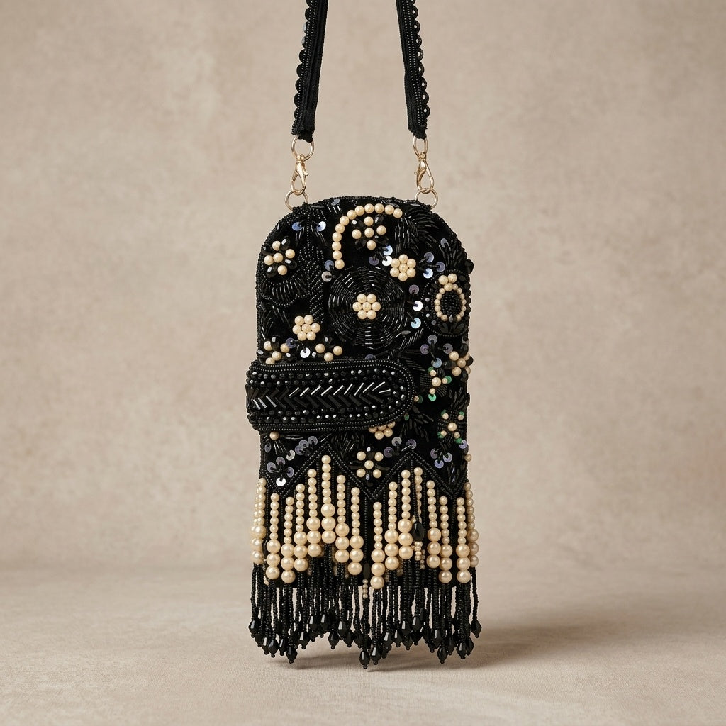 Kimaya Black — Velvet Embroidered Clutch