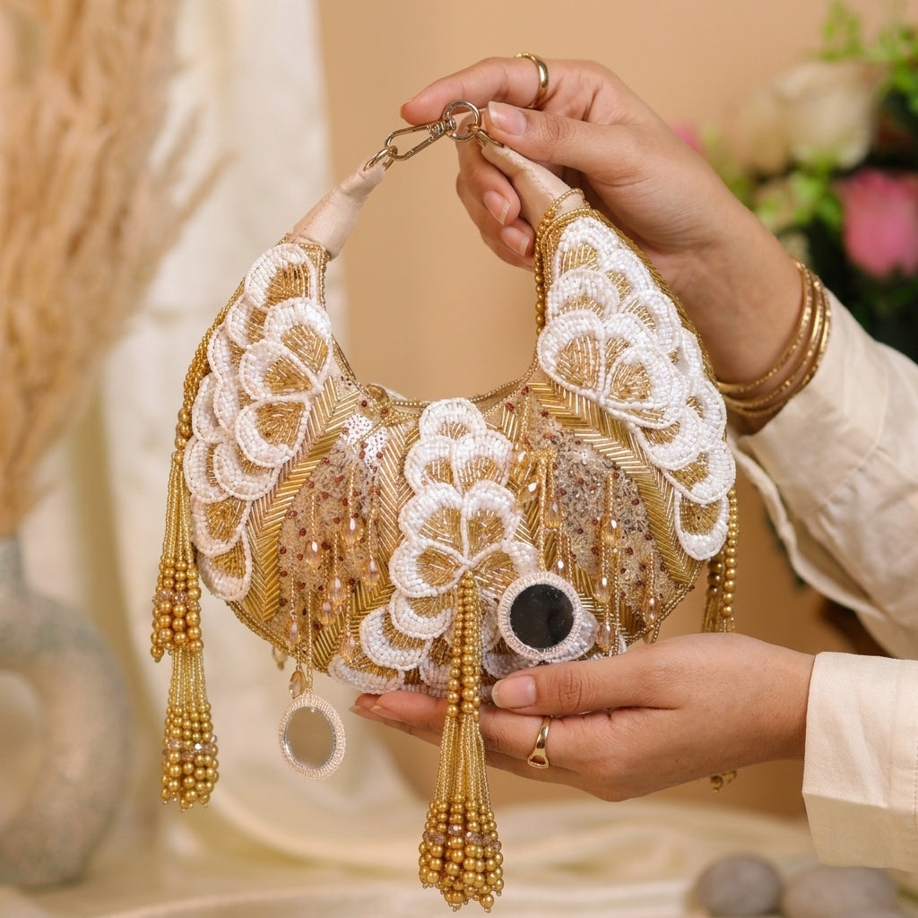 Sitara Golden — Suede Half Moon Bag - Front View | SWIS-1526