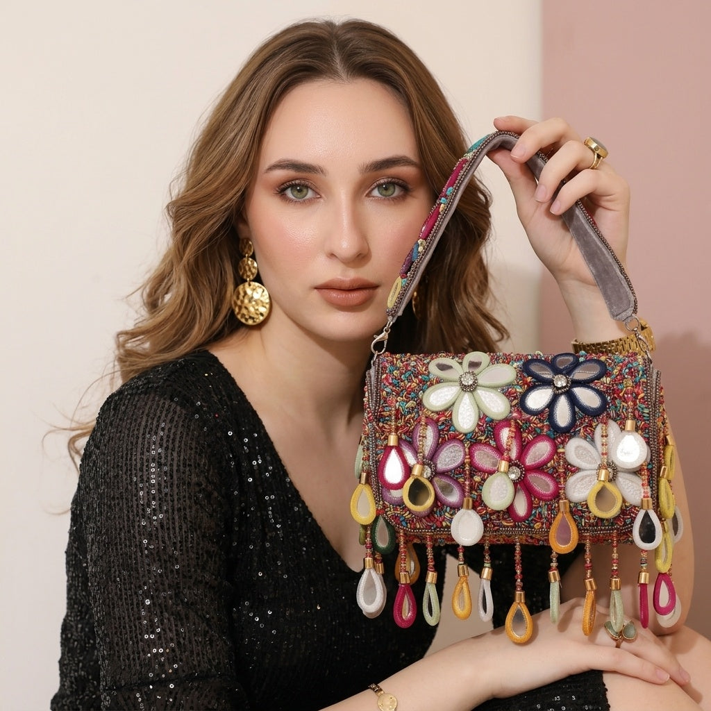 Inaya Golden — Raw Silk Flap Bag - Front View | SWIS-1544