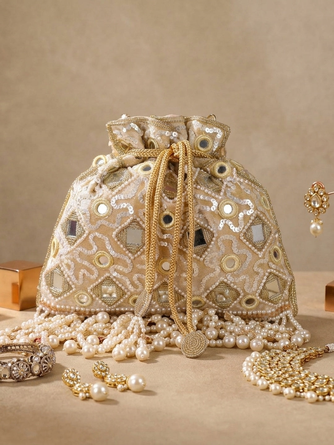 Vandana Golden Classic — Raw Silk Potli Bag - Front View | SWIS-1564