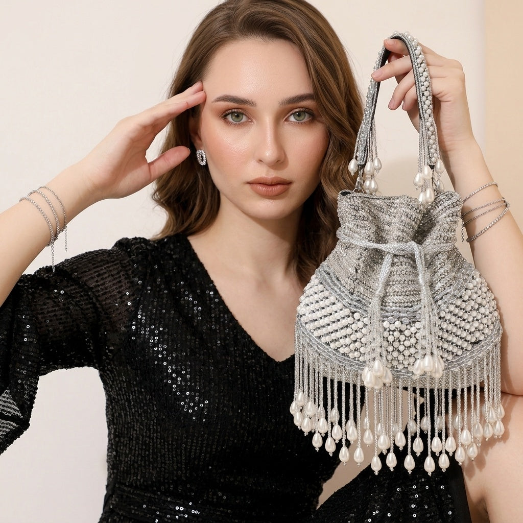 Hema Silver — Raw Silk Potli Bag - Front View | SWIS-1575