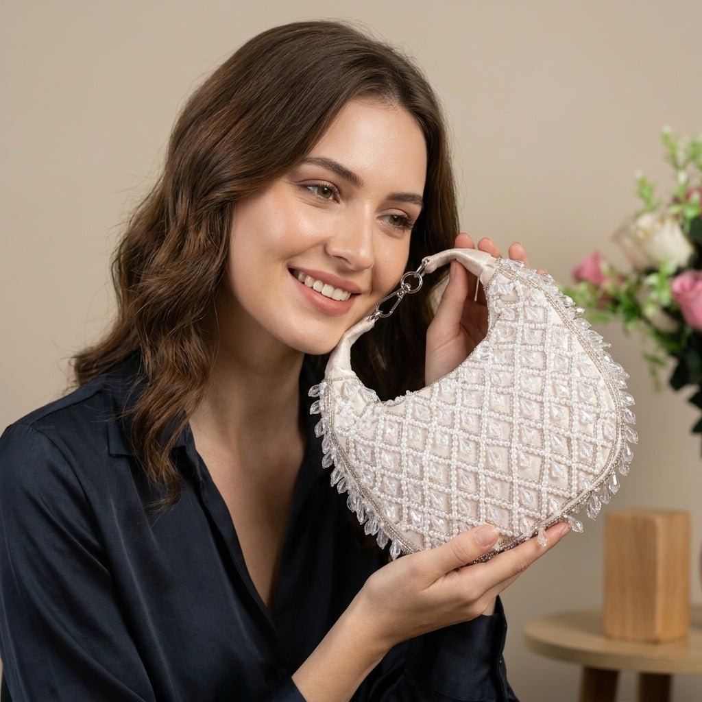 Eila Beige — Suede Half Moon Bag - Front View | SWIS-1582