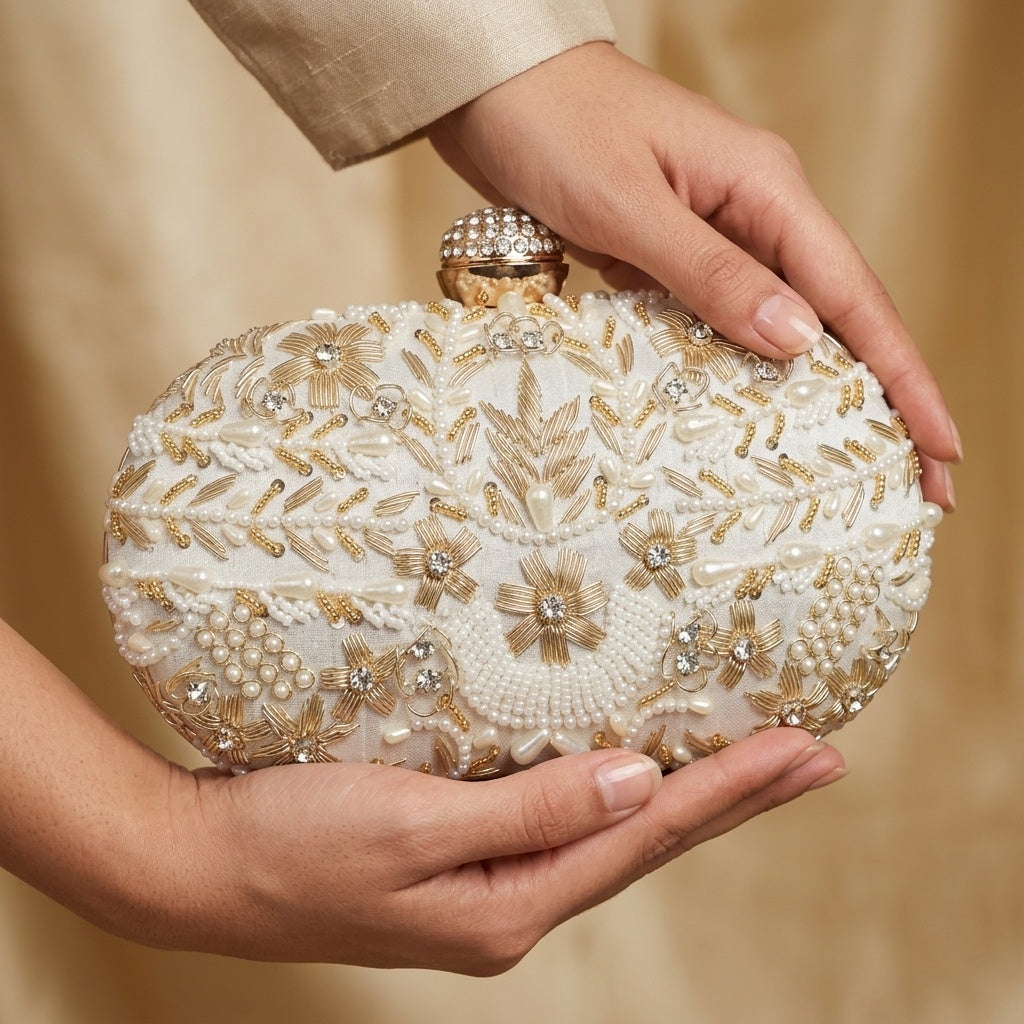 Karuna White — Raw Silk Embroidered Clutch