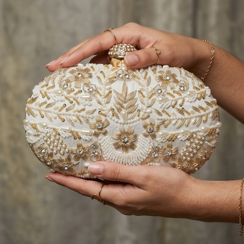 Karuna White — Raw Silk Embroidered Clutch