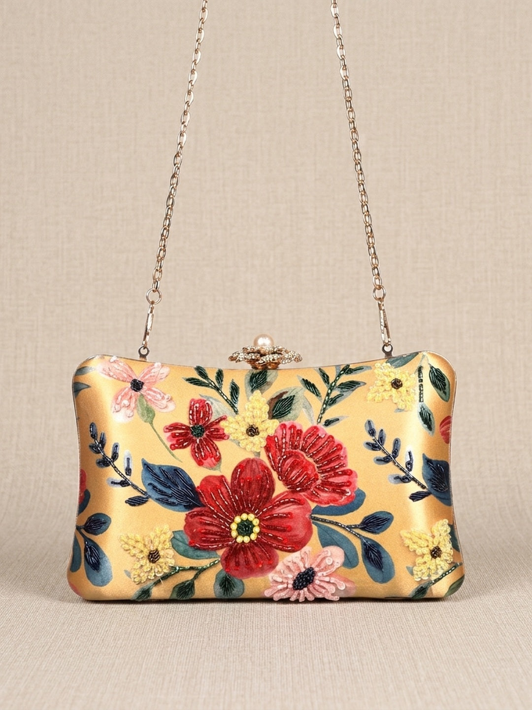 Chaitali — Satin Printed Embroidered Clutch - Front View | SWIS-1618