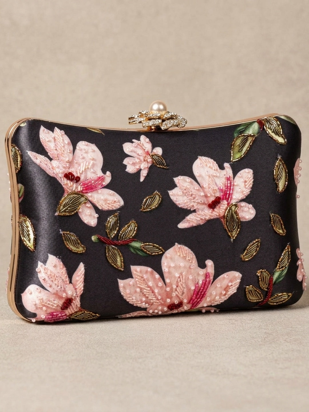 Eeman Grey — Satin Printed Embroidered Clutch - Front View | SWIS-1622