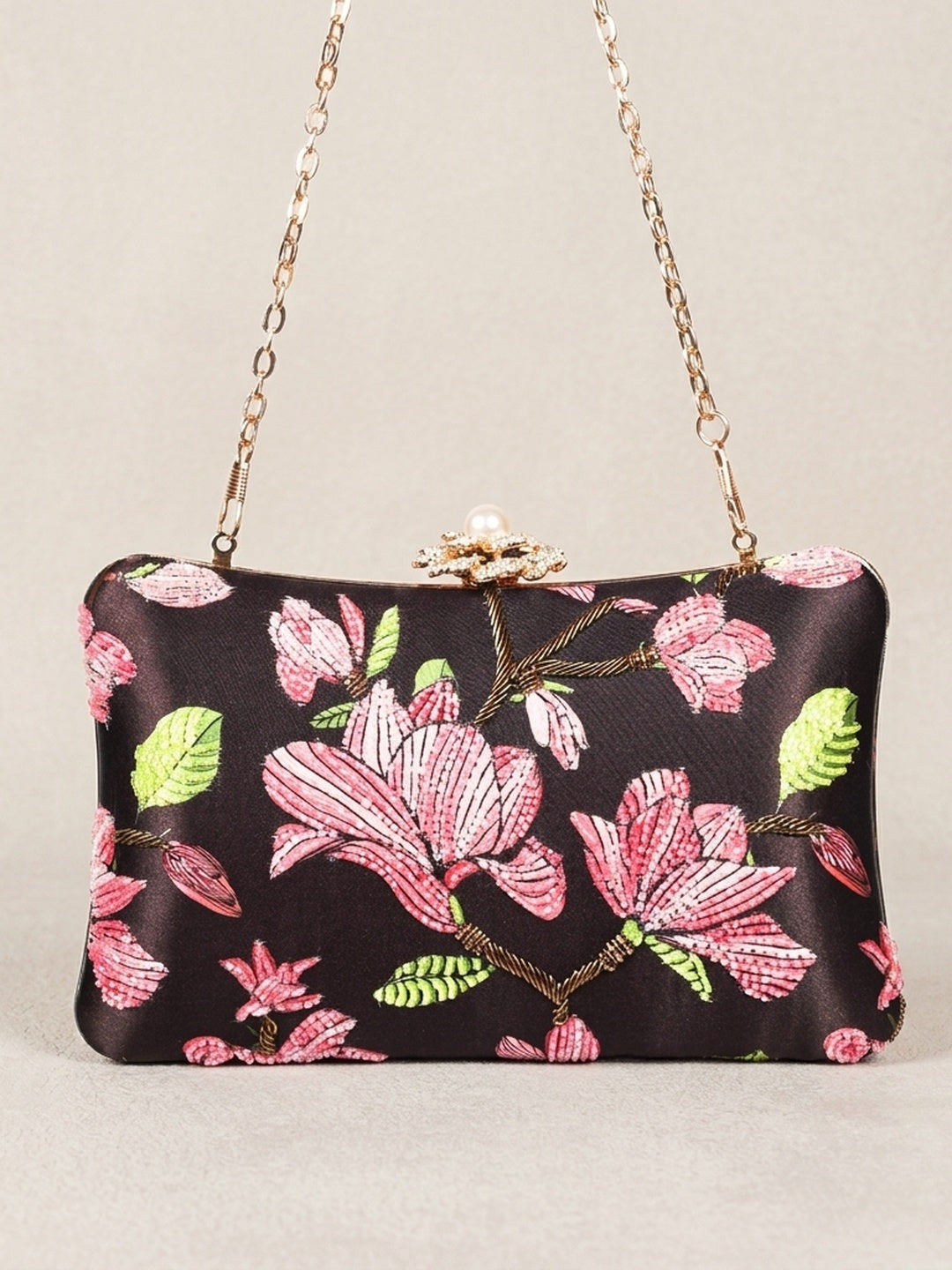 Tanvi — Satin Printed Embroidered Clutch - Front View | SWIS-1626