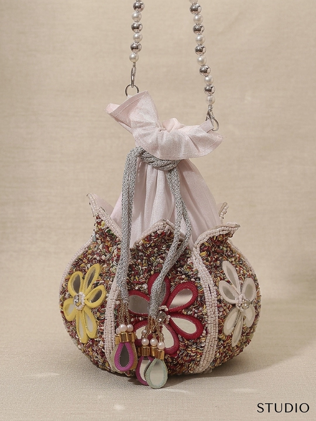 Aashna — Raw Silk Lotus Potli Bag - Front View | SWIS-1656