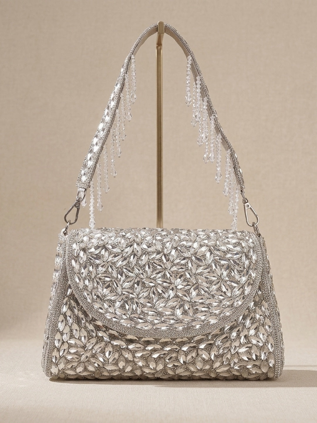 Lalita Silver — Raw Silk Flap Bag - Front View | SWIS-1663