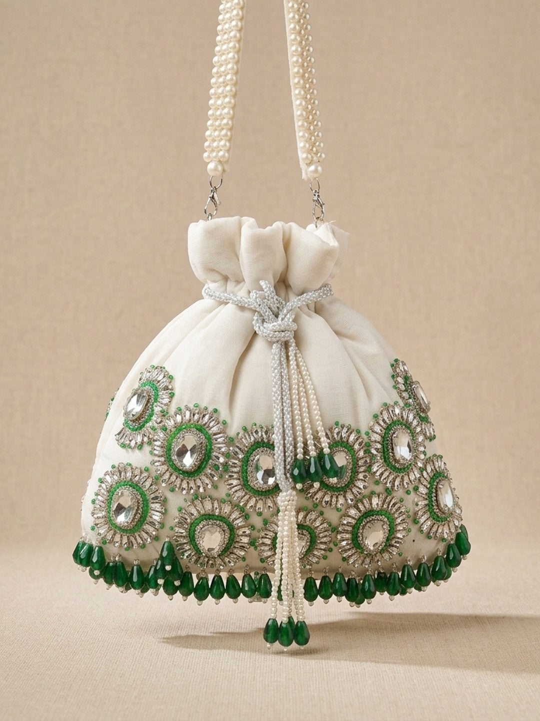 Neelam White — Velvet Potli Bag - Front View | SWIS-1665