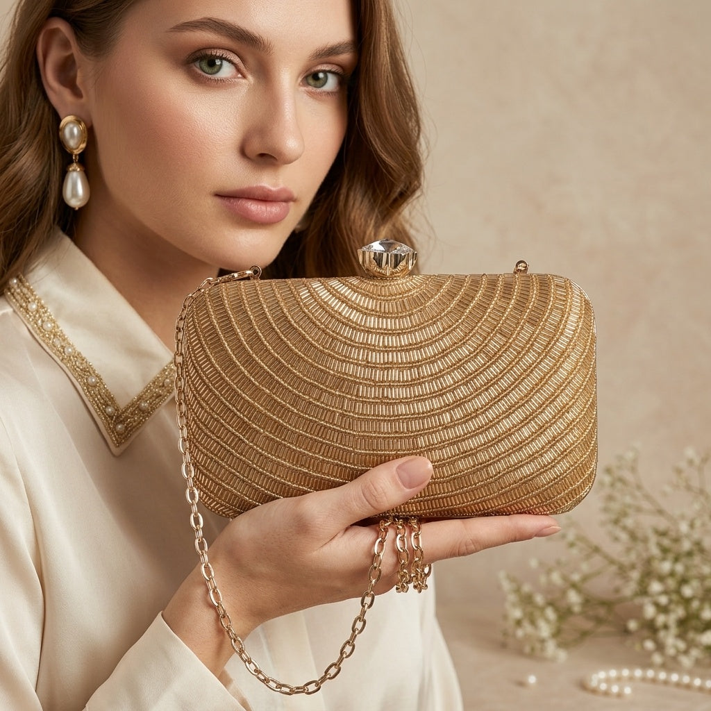 Ashna Golden Classic — Raw Silk Embroidered Clutch - Front View | SWIS-1668