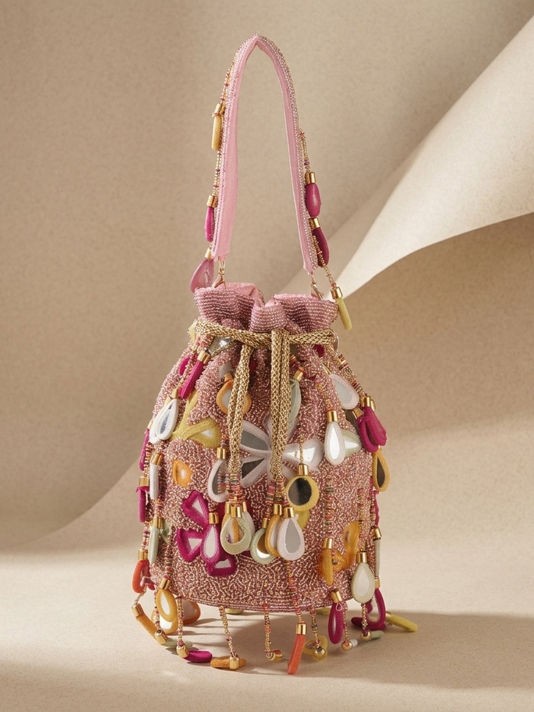 Fareeda Baby Pink — Raw Silk Potli Bag - Front View | SWIS-1670