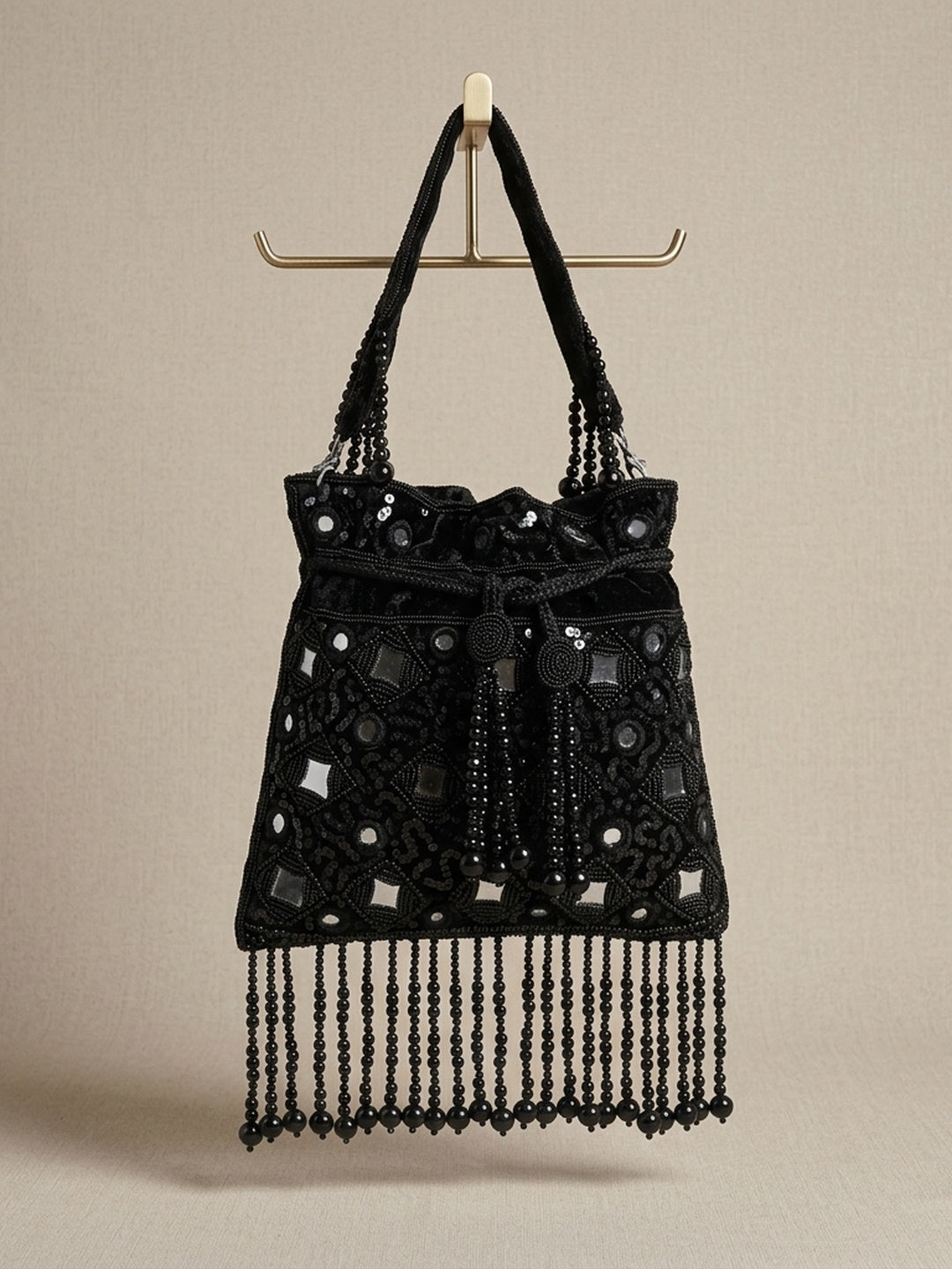 Sakhi Black — Raw Silk Potli Bag - Front View | SWIS-1671