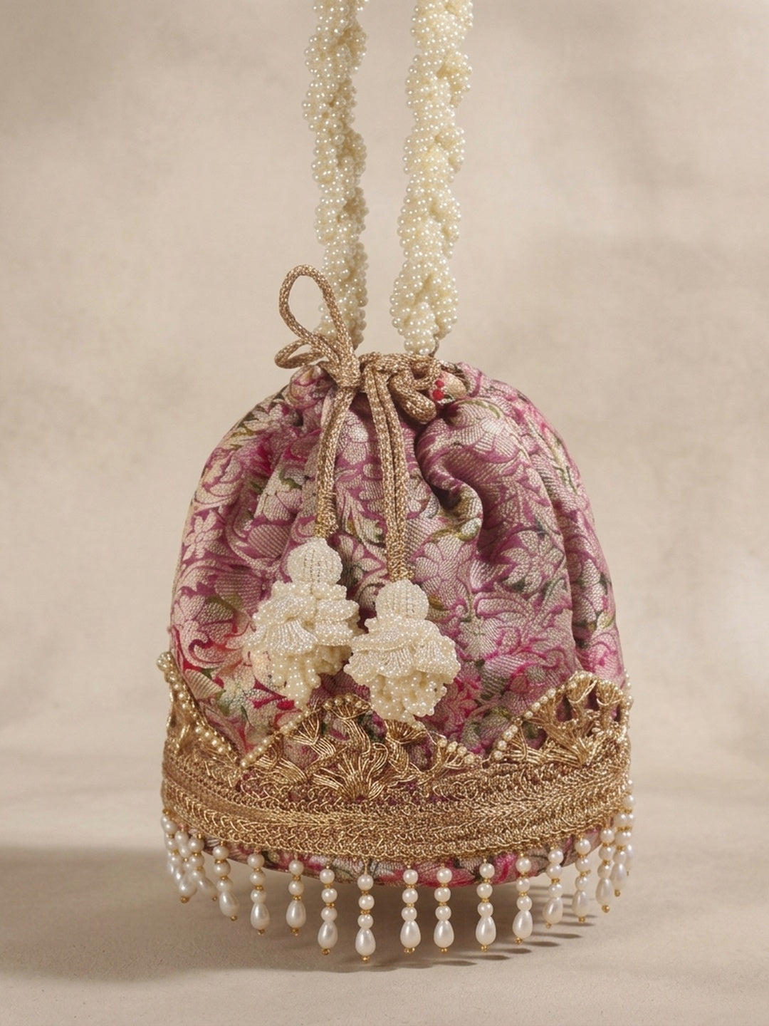 Shalmali Pink — Brocade Potli Bag - Front View | SWIS-1672