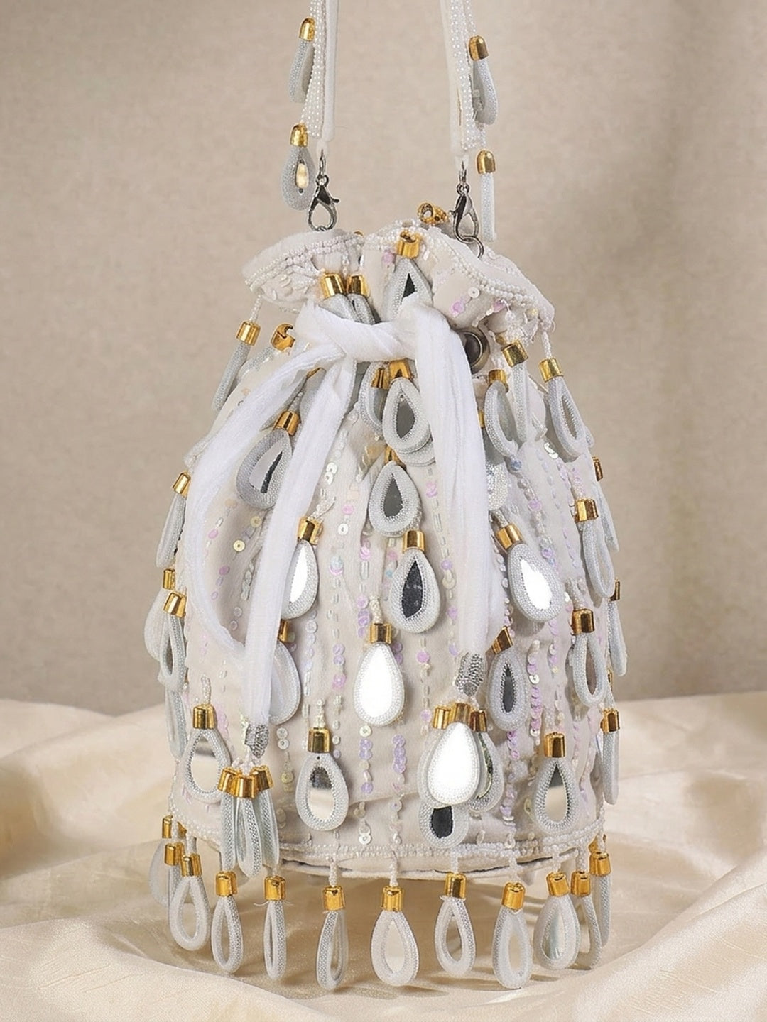 Nimrat White — Velvet Potli Bag - Front View | SWIS-1673