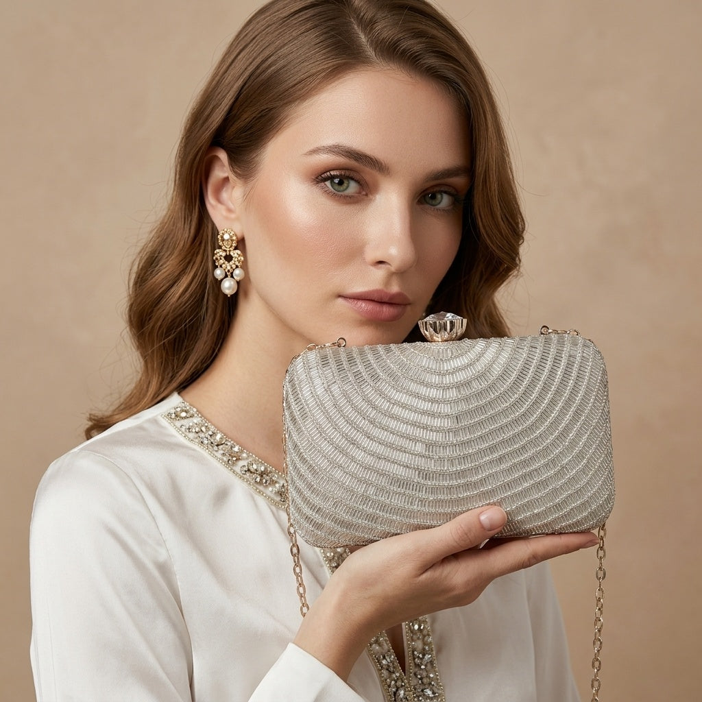 Arzoo Silver Classic — Raw Silk Embroidered Clutch - Front View | SWIS-1674
