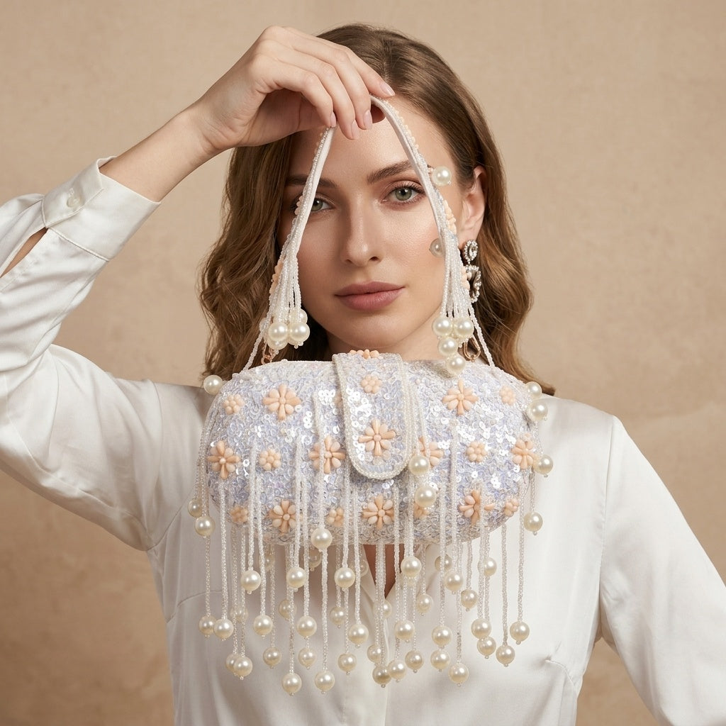 Tanvi White — Velvet Embroidered Clutch - Front View | SWIS-1680