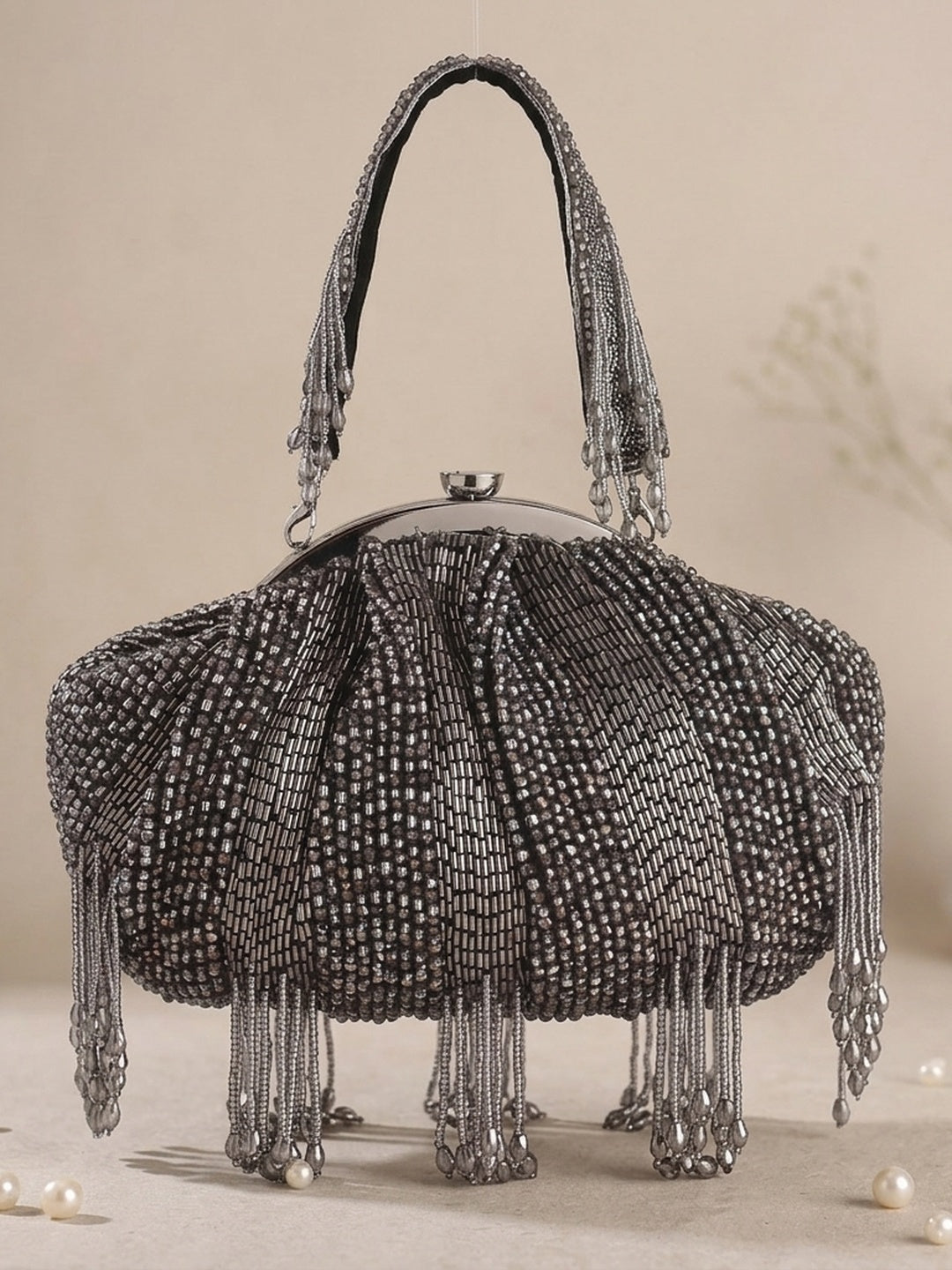 Sanam Grey — Raw Silk Batua Bag - Front View | SWIS-1685