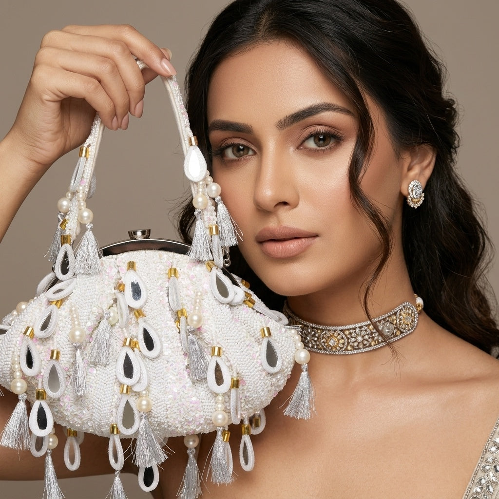 Habiba White — Raw Silk Batua Bag