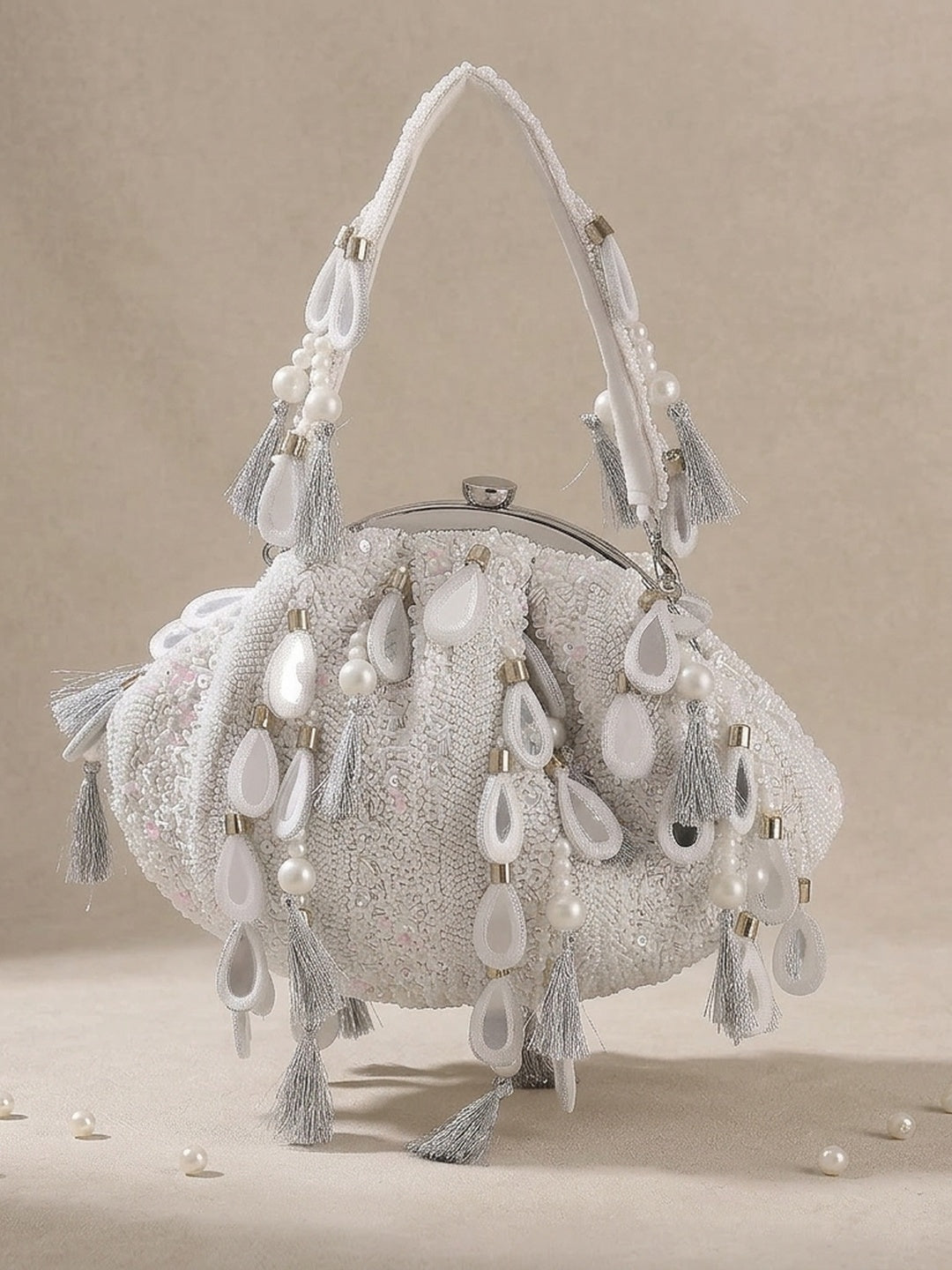 Habiba White — Raw Silk Batua Bag - Front View | SWIS-1690