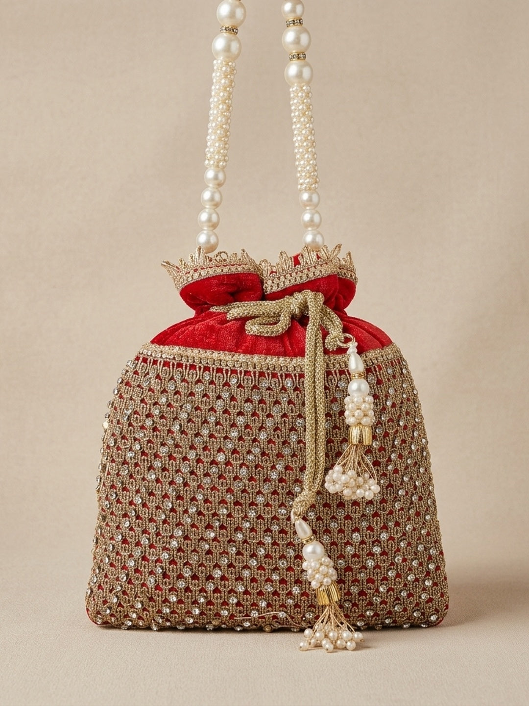 Gauri Red — Raw Silk Potli Bag - Front View | SWIS-1693