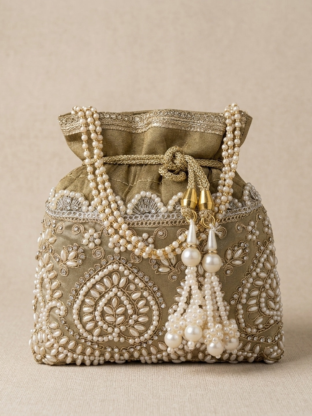 Darshana Golden Classic — Raw Silk Potli Bag - Front View | SWIS-1700