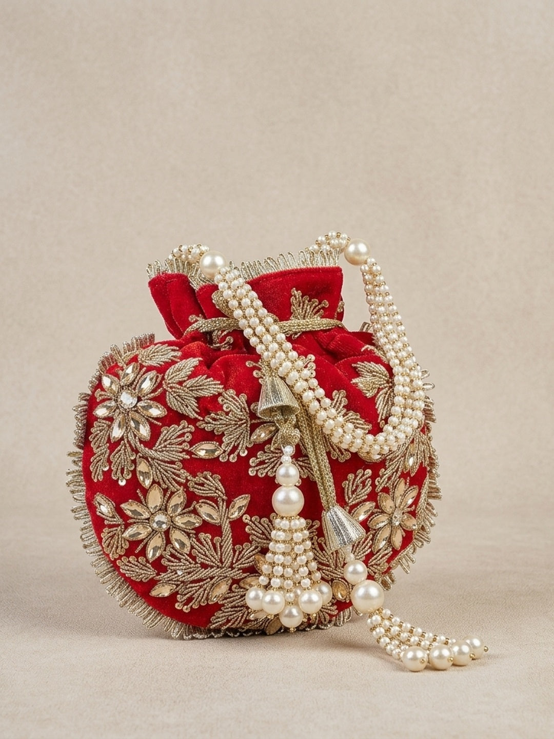 Bidisha Red — Velvet Potli Bag - Front View | SWIS-1717