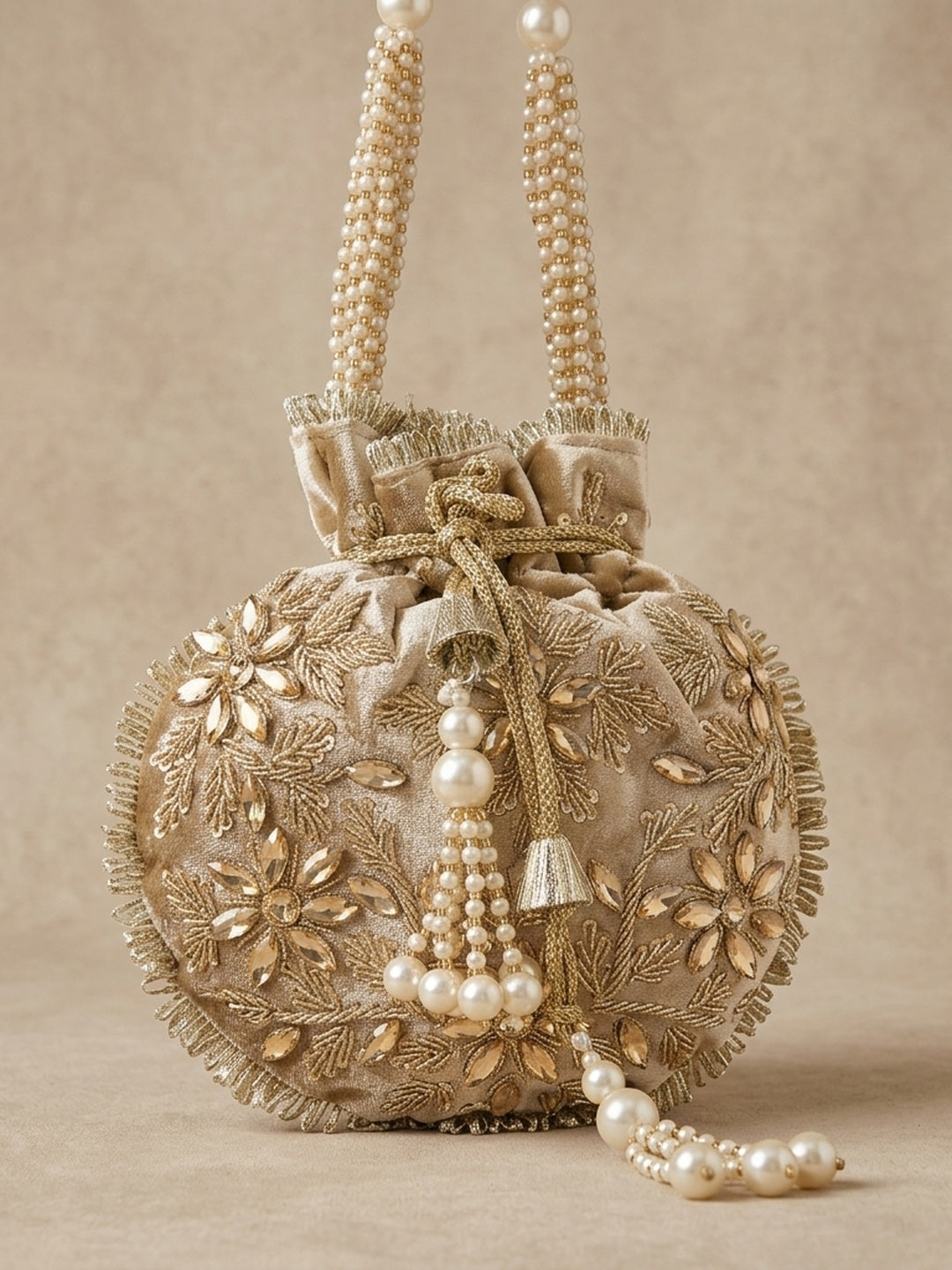 Eeman Golden — Velvet Potli Bag - Front View | SWIS-1719