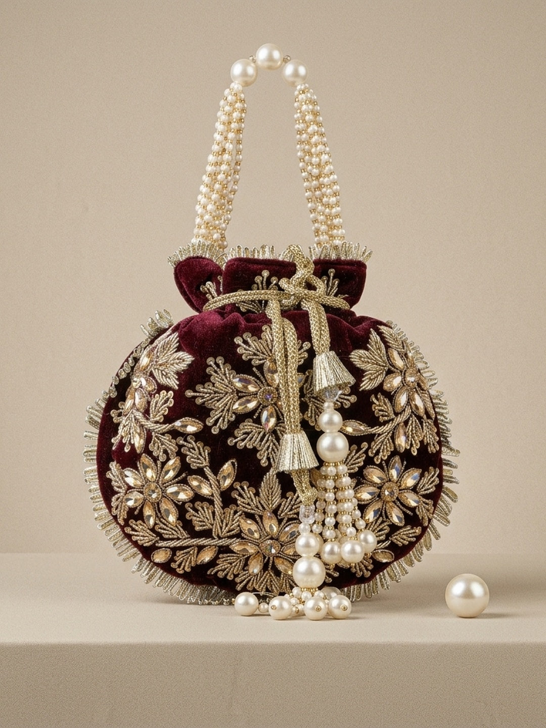 Agrima Maroon — Velvet Potli Bag - Front View | SWIS-1721