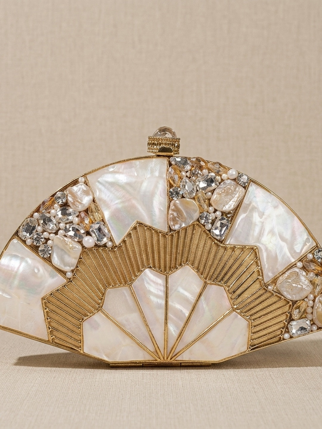 Ameera Golden — Brass Mother of Pearl Clutch - Front View | SWIS-1731