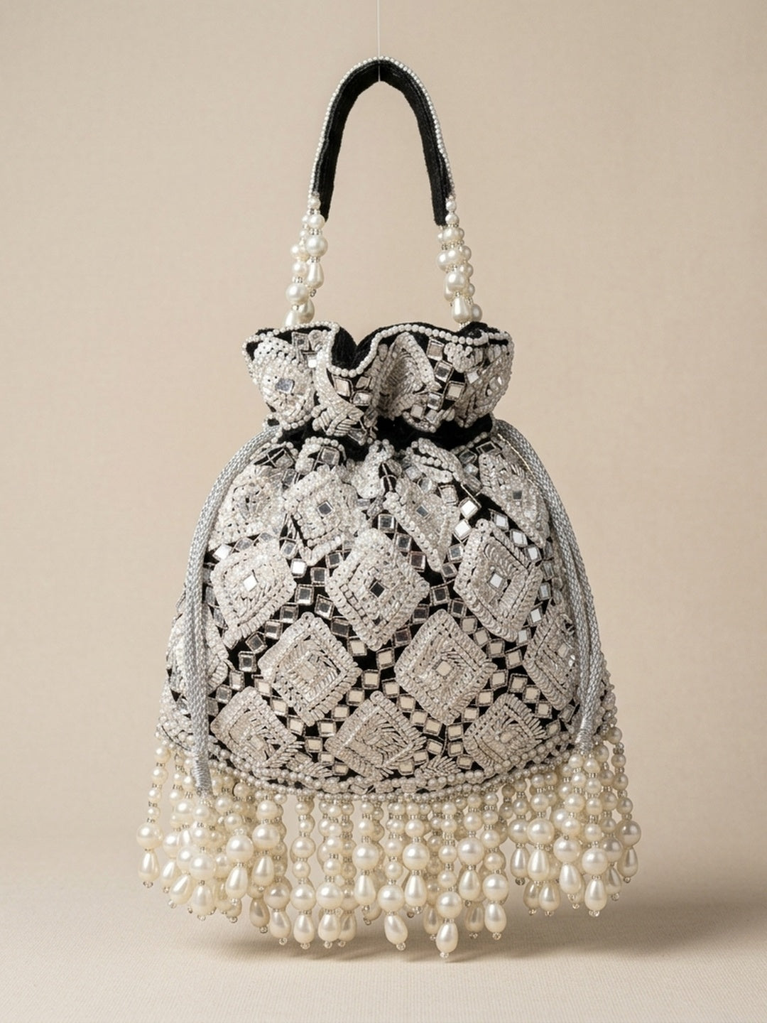 Manvi Black Classic — Velvet Potli Bag - Front View | SWIS-1791
