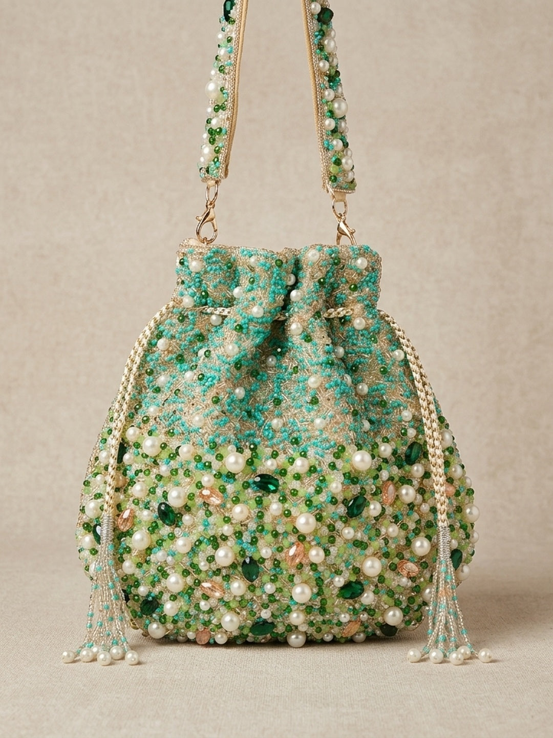 Smriti Green — Raw Silk Potli Bag - Front View | SWIS-1794