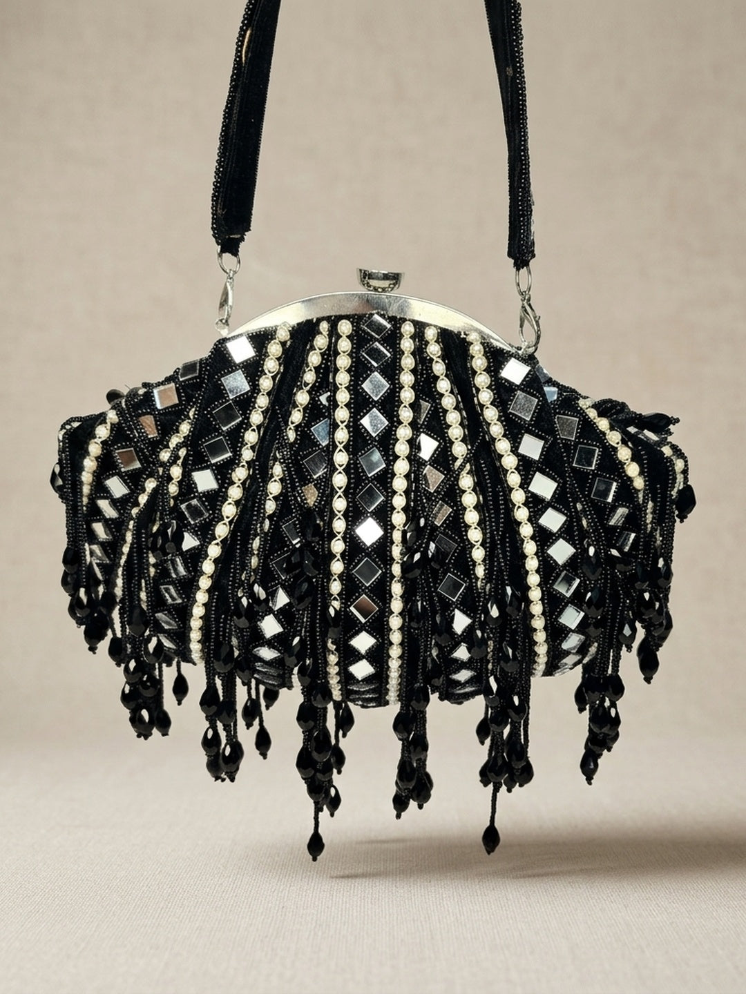 Kalyani Black Heritage — Velvet Batua Bag - Front View | SWIS-1857