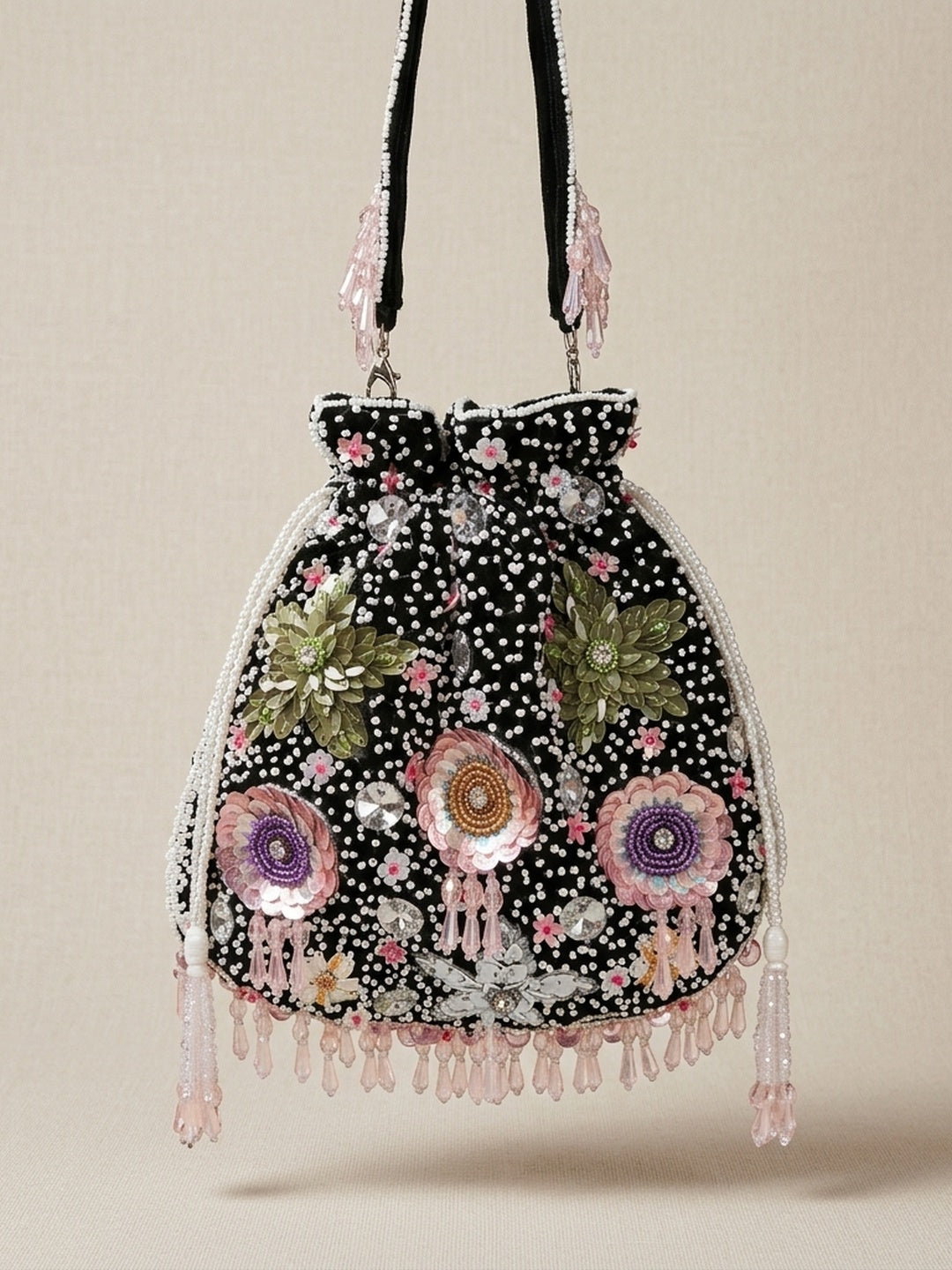 Alia Black — Velvet Potli Bag - Front View | SWIS-1881