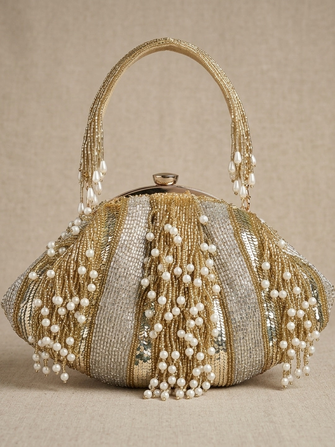 Mridula Golden — Raw Silk Batua Bag - Front View | SWIS-1921