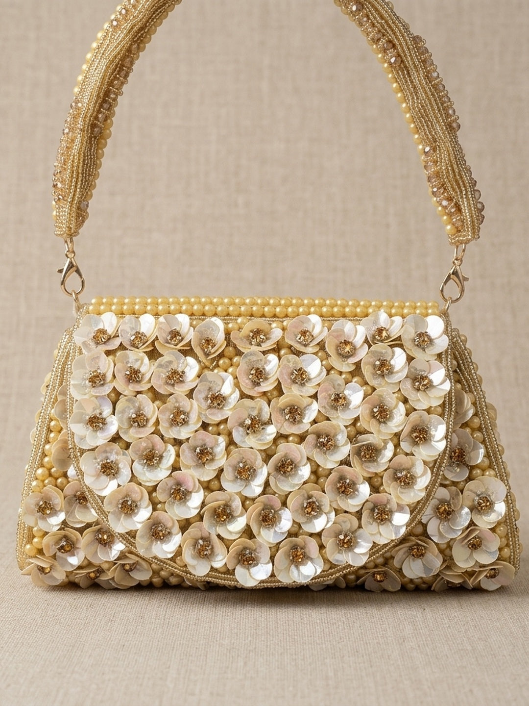 Iqra Golden — Raw Silk Flap Bag - Front View | SWIS-1937