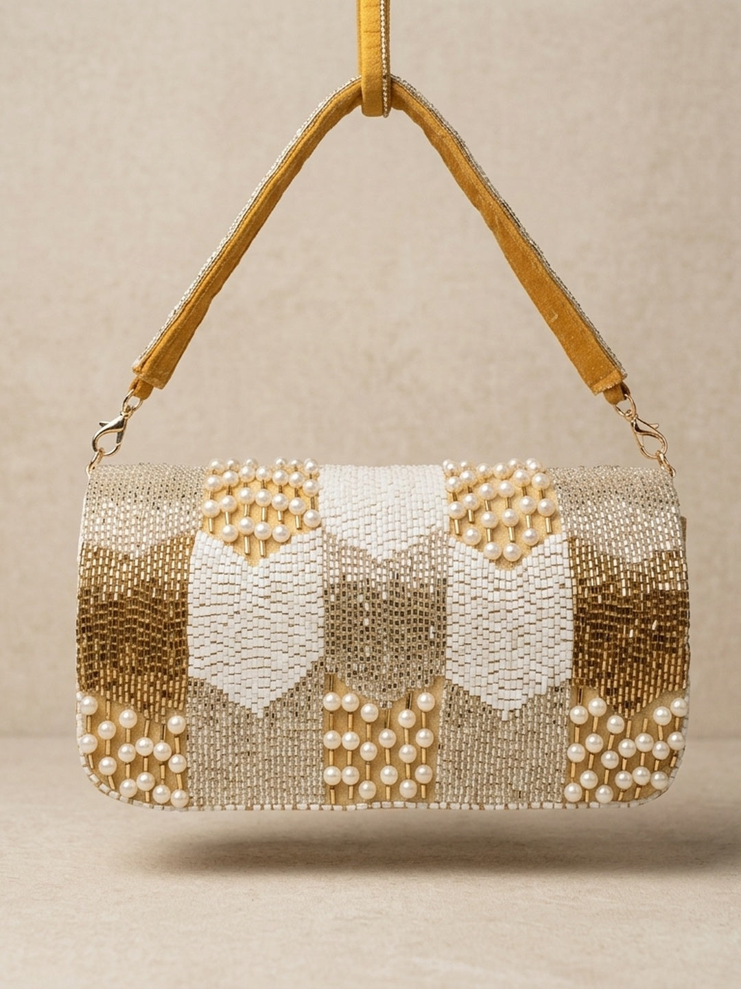 Nirali Golden — Raw Silk Flap Bag - Front View | SWIS-1954