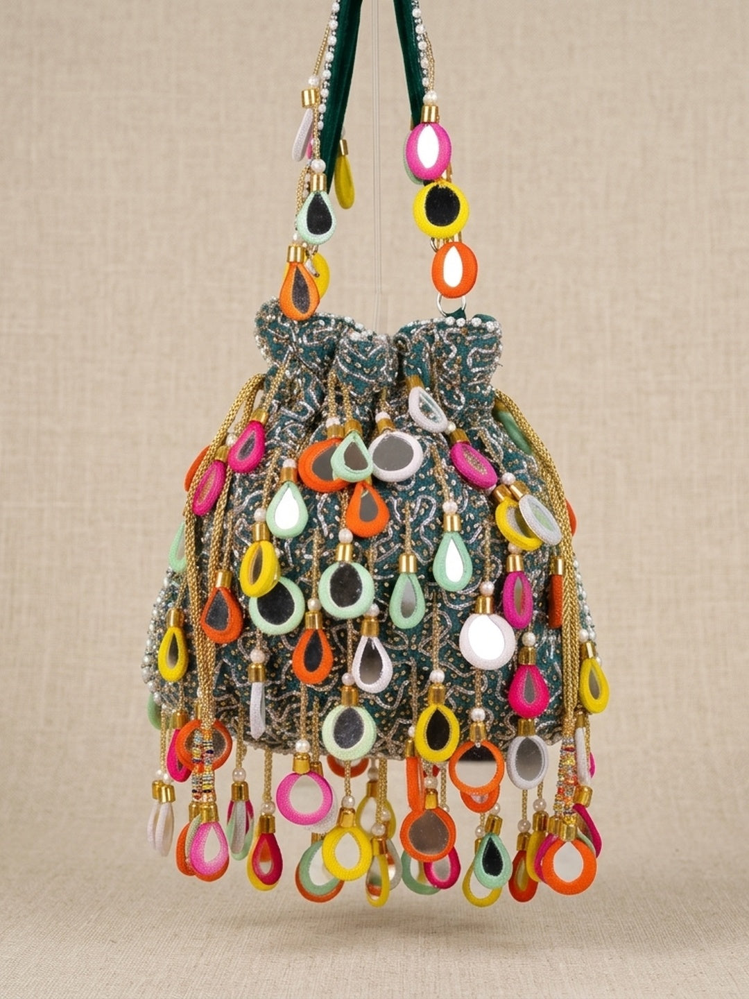 Mehak Green — Velvet Potli Bag - Front View | SWIS-2063