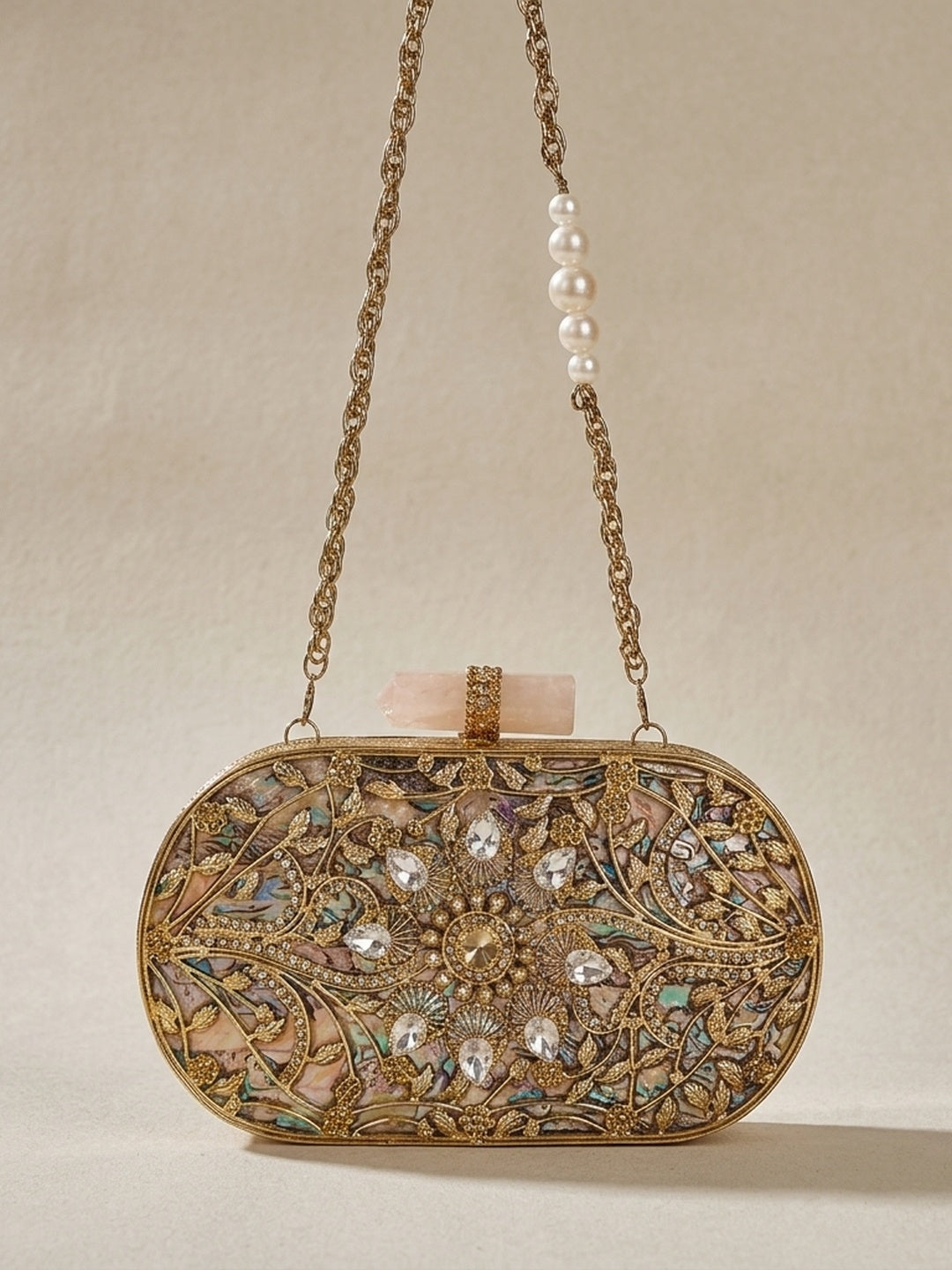 Nikhila Golden — Brass Mother of Pearl Clutch - Front View | SWIS-2065