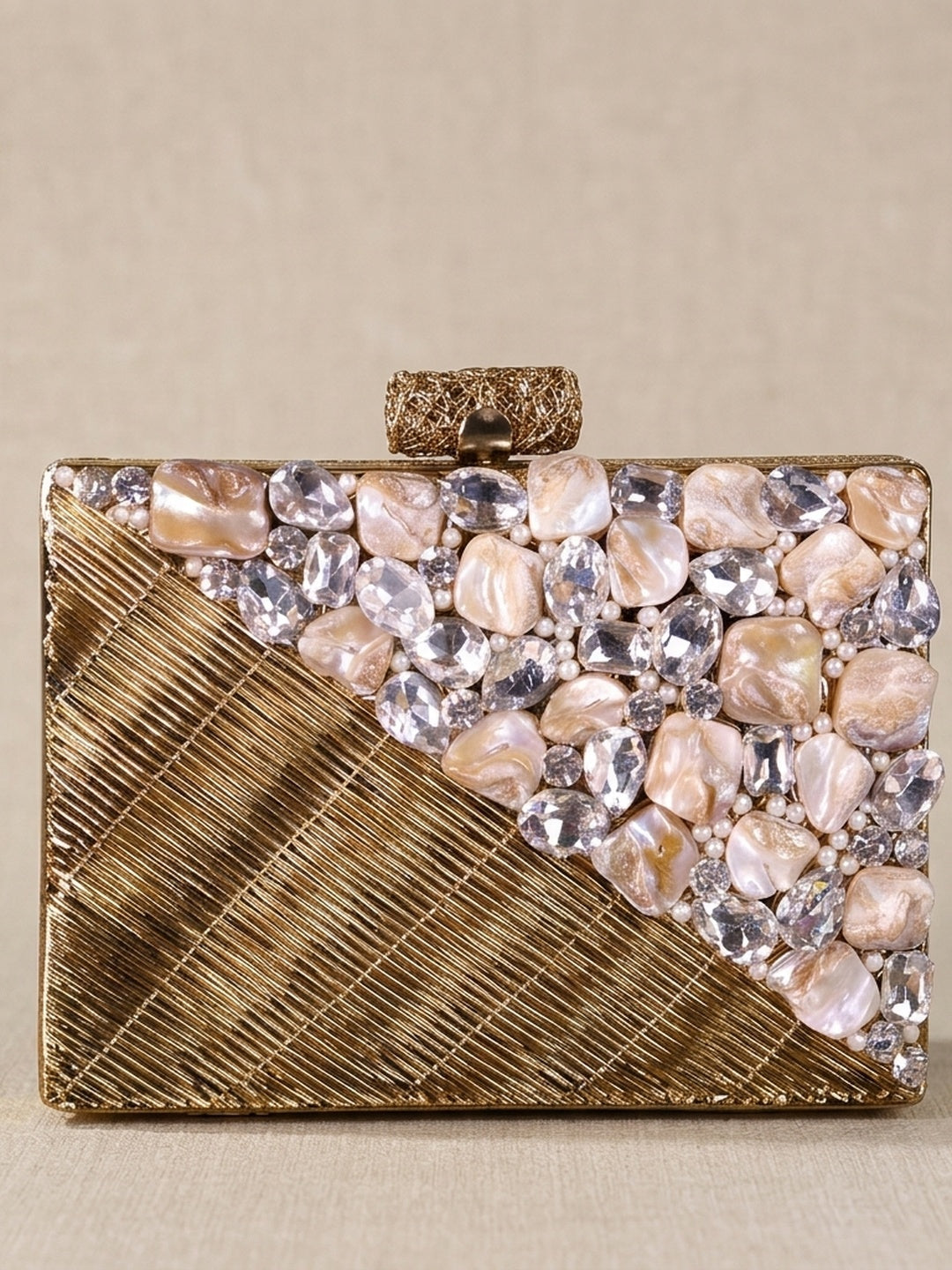 Pallavi Golden — Brass Mother of Pearl Clutch - Front View | SWIS-2067