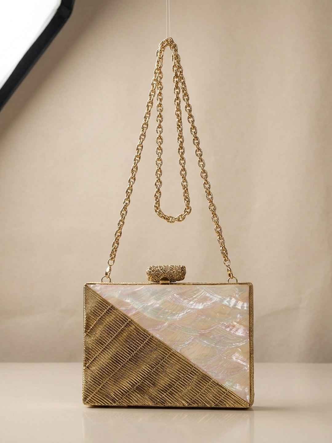 Varsha Golden — Brass Mother of Pearl Clutch - Front View | SWIS-2071