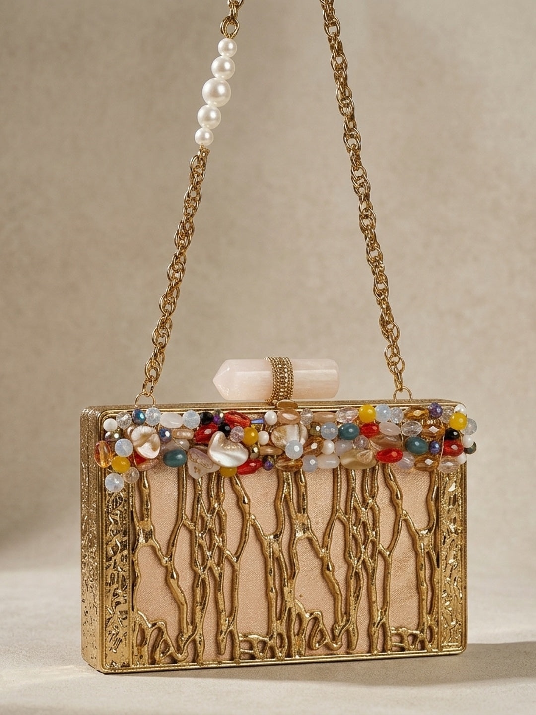 Devika Golden Classic — Brass Mother of Pearl Clutch - Front View | SWIS-2078